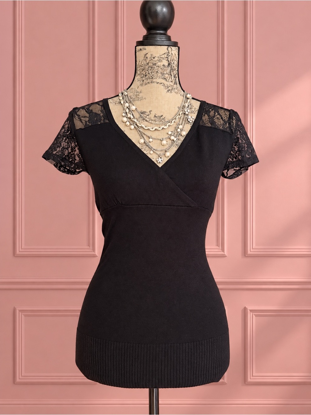 Y2K Seductions Black Lace Sleeve V-Neck Top Size M